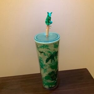 Cute Green Fox Themed Starbucks Cup w/pink straw w/Fox Straw Cover